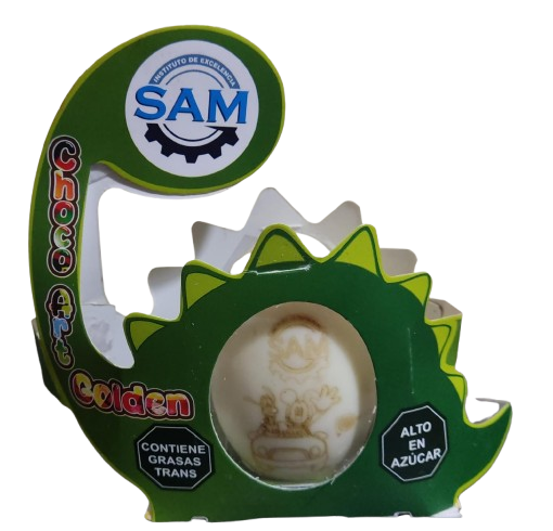 huevo de pascua (chocolate blanco y negro) con relleno de frutas y pecanas – diseño dinosaurio
